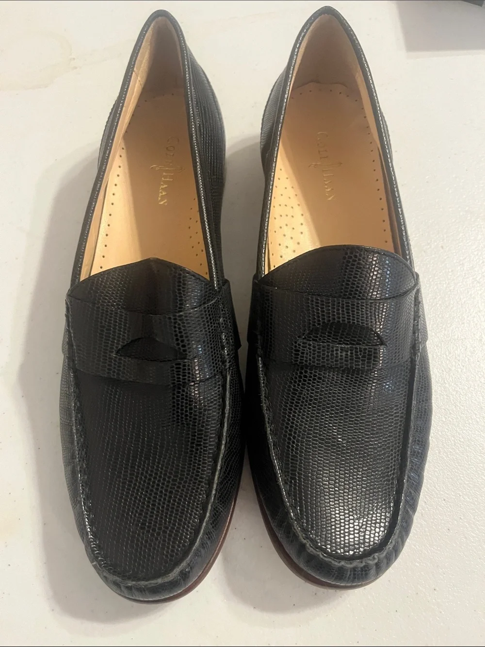 Cole Haan Black Lizard-Embossed Leather Penny Loafers